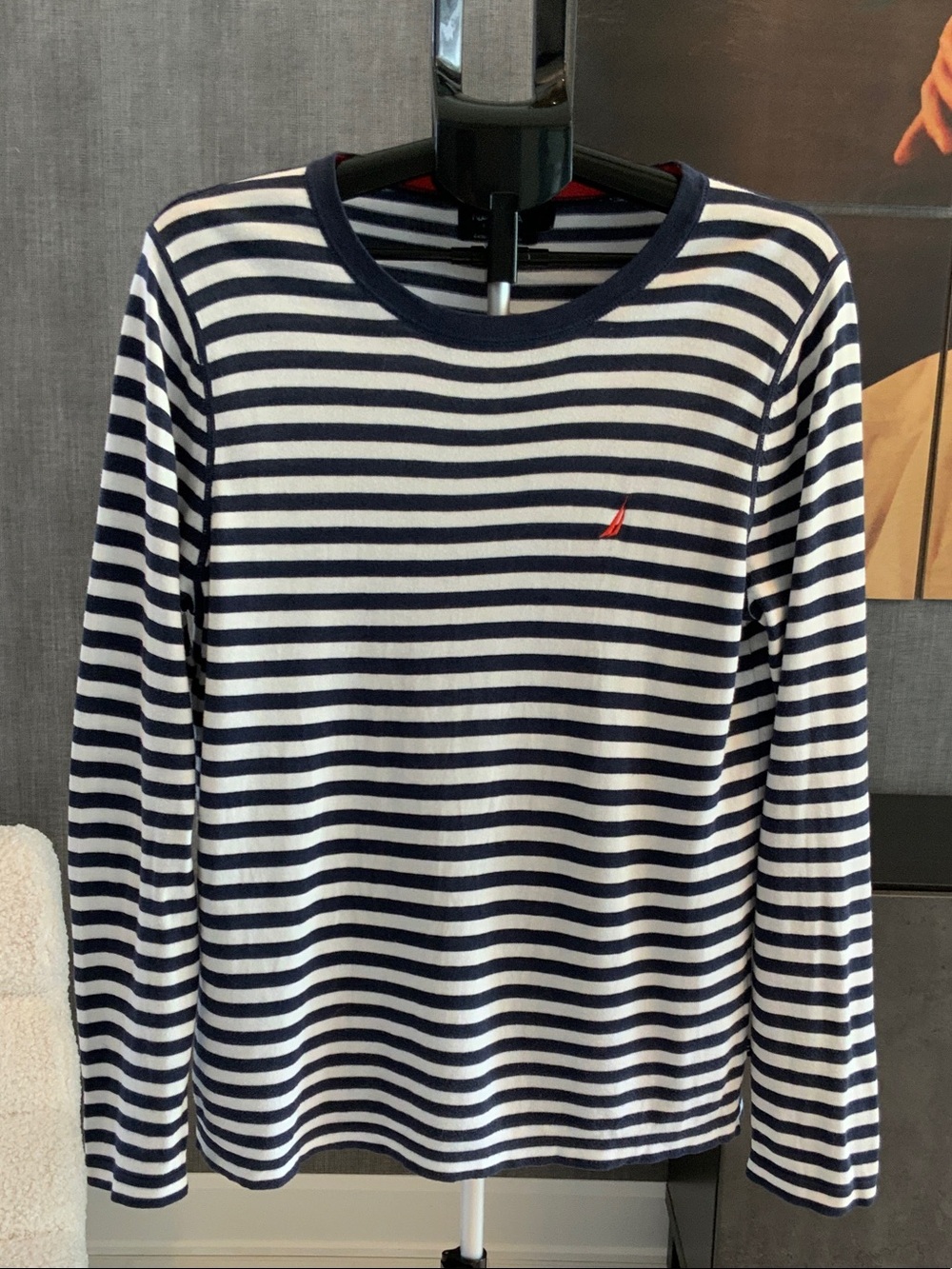 Nautica Navy and White Striped Shirt M